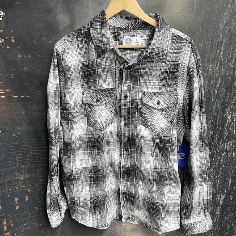 NWT Hurley Black‎ Grey Flannel Plaid Long Sleeve Shirt Chest Pockets